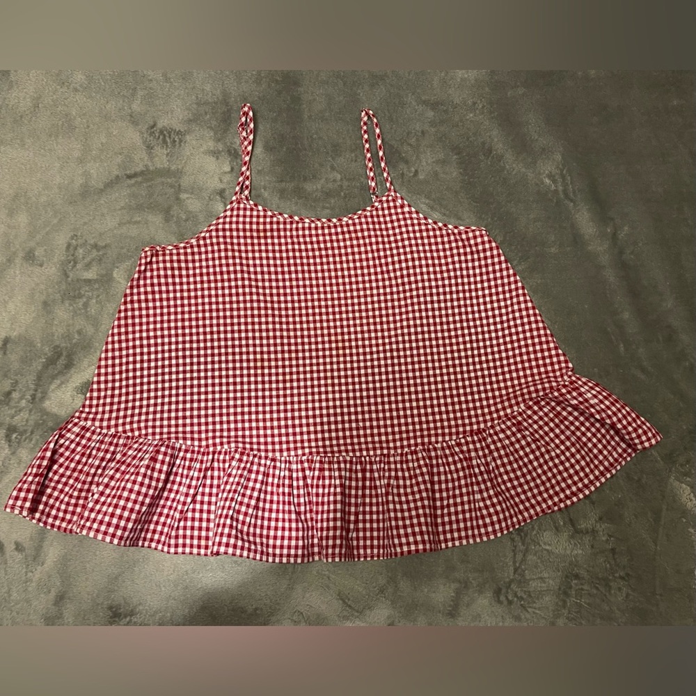 Red gingham print babydoll top.